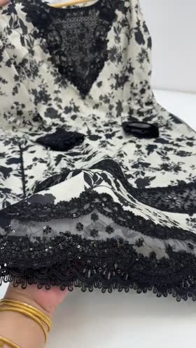 Rs 12500 Aneelas stitched lawn print Emb shirt Emb chiffon Duppata Emb gharara pent 3pc [Dispatch date 10th April ] ~ [Chest 19] [Length 40] SMALL